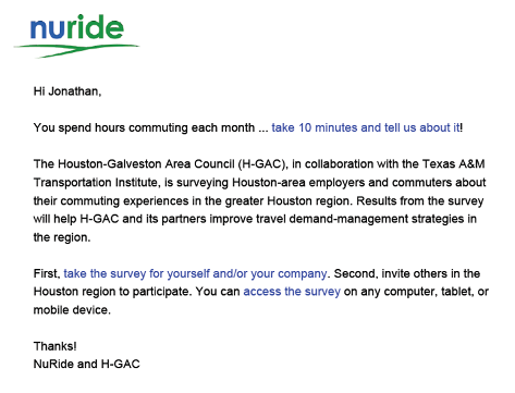 Example of Email Blast to NuRide Registered Users
