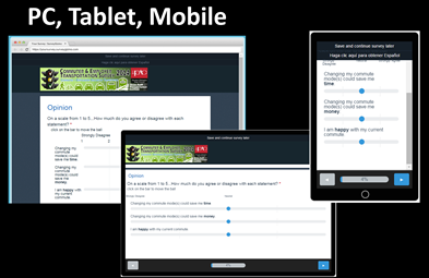 Depicts the survey in pc, tablet, and laptop format.