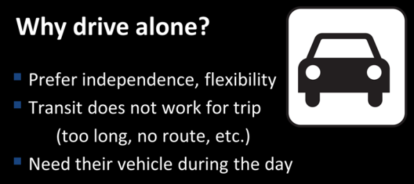 Why drive alone as part or all of commute? 1. prefer independence, flexibility 2. transit does not work for trip and 3. need their vehicle during the day